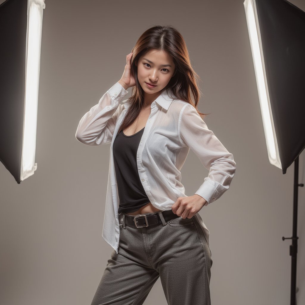 Photorealistic image of a female model in a professional photo studio, stylish outfit, studio lighting, neutral backdrop, dynamic pose, Canon EOS R5, sharp focus, high-fashion vibe, detailed textures, magazine quality, commercial appeal.,shiho