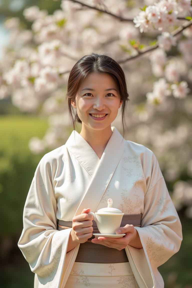 A serene Japanese woman stands against a subtle gradient backdrop, her gentle smile framed by a delicate kimono pattern. Soft morning light dances across her face, casting a warm glow on the intricate folds of her garment. Her hands hold a traditional tea set, as she poses in a tranquil Japanese garden, surrounded by lush greenery and blooming cherry blossoms.