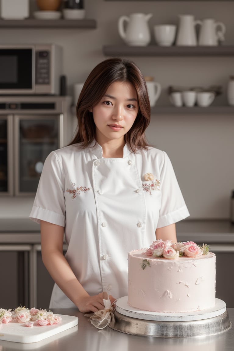 Photorealistic image of a female pastry chef crafting a beautiful cake, professional kitchen, natural lighting, detailed decorations, elegant uniform, vibrant colors, focused expression, Canon EOS R5, precise details, high-end pastry, commercial appeal.　,shiho