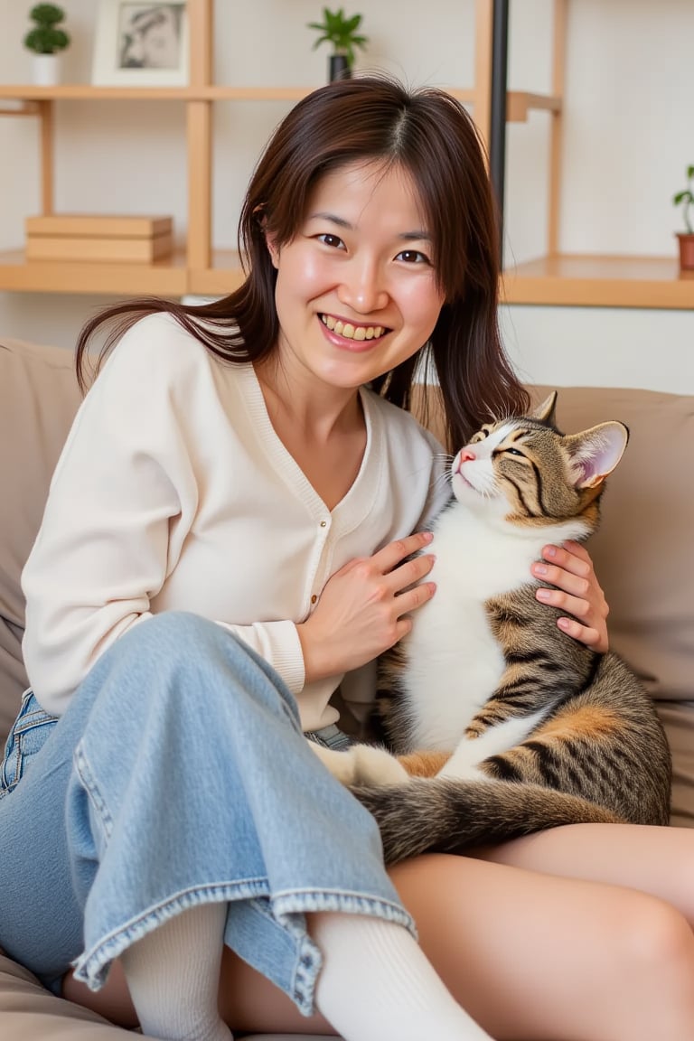 "A 27-year-old woman sitting on her living room sofa in casual home wear, cuddling her calico cat. The room is softly lit, with a few small plants and decorative items on shelves. She has a warm smile, creating a comfortable and intimate atmosphere that feels like a true snapshot of her daily life.", shiho,