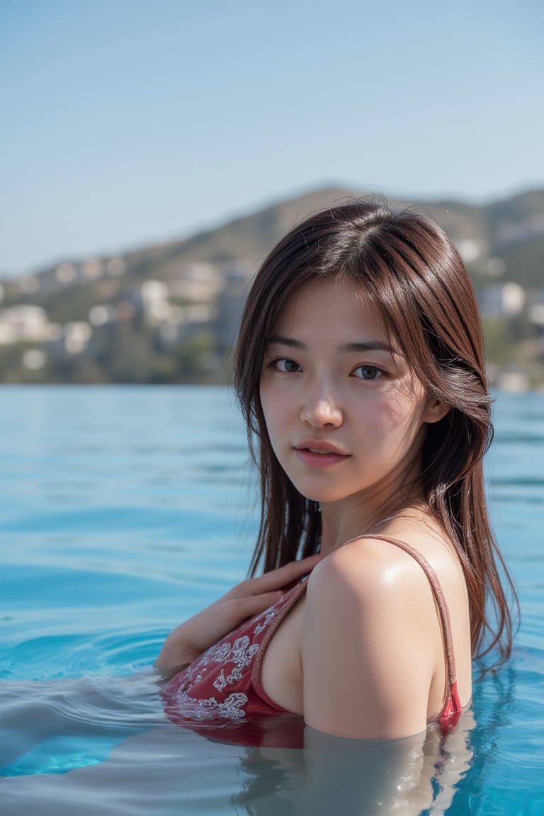 Photorealistic image of a young Japanese woman in an infinity pool, clear blue sky, panoramic view, natural lighting, serene expression, vibrant colors, water reflections, wide-angle shot, Canon EOS R5, luxurious atmosphere, detailed textures, commercial appeal.

This prompt creates a warm and inviting café scene, perfect for lifestyle or food-related visuals.
This prompt captures the lively, high-energy atmosphere of a night pool party with neon lighting, ideal for fashion or event promotions.,shiho