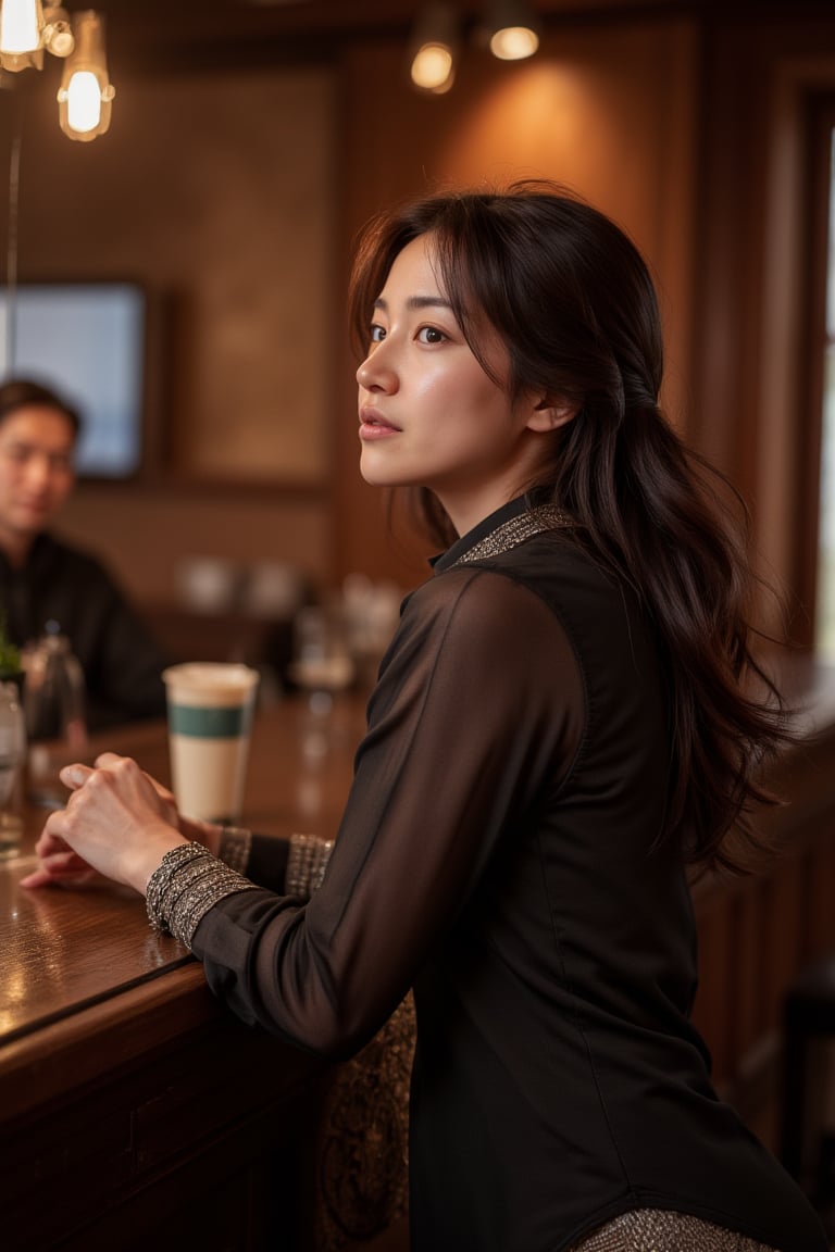 Photorealistic image of a woman enjoying a drink at a classic bar counter, warm ambient lighting, elegant outfit, vintage decor, rich wood textures, soft shadows, Canon EOS R5, relaxed expression, cozy atmosphere, detailed textures, commercial appeal.,shiho