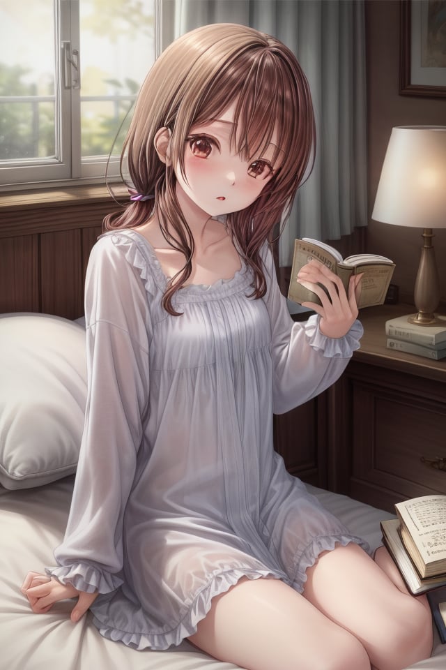 mikas
"Woman, flowing satin nightgown, reading book in bed, warm light from bedside lamp, cozy atmosphere."
