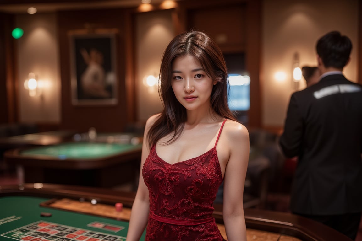 Photorealistic portrait of a glamorous Japanese woman in an elegant dress at a casino, standing by a roulette table, soft dramatic lighting, luxurious atmosphere, Canon EOS R5, high-end fashion, confident expression, rich colors, detailed textures, commercial appeal.,shiho