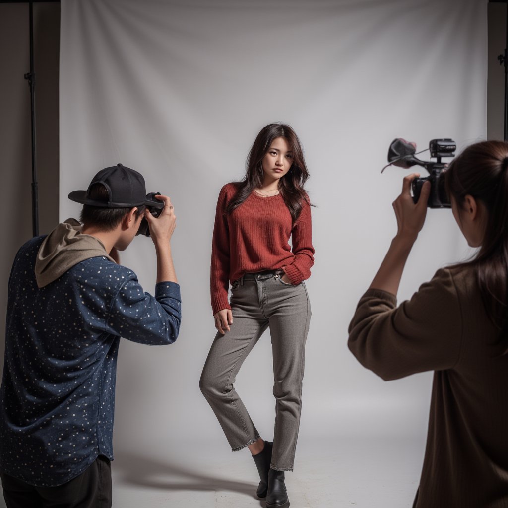 Photorealistic image of a female model posing in a professional photo studio, photographer capturing the scene, studio lighting, stylish outfit, Canon EOS R5, detailed textures, modern setup, dynamic composition, sharp focus, commercial appeal.,shiho