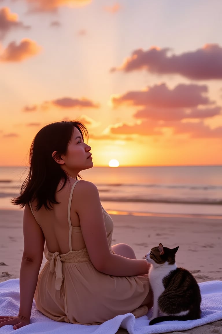 "A young woman sitting on a blanket at the beach, watching the sunset. She is wearing a flowing sundress, with her calico cat sitting beside her. The sky is filled with warm colors of orange, pink, and purple as the sun sets over the ocean. She looks serene, her face softly lit by the fading light, capturing the peaceful and romantic essence of a summer evening.", shiho,