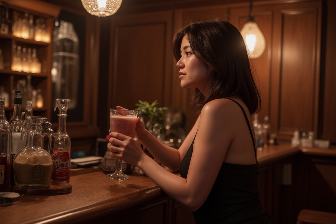 Photorealistic image of a woman enjoying a drink at a classic bar counter, warm ambient lighting, elegant outfit, vintage decor, rich wood textures, soft shadows, Canon EOS R5, relaxed expression, cozy atmosphere, detailed textures, commercial appeal.,shiho