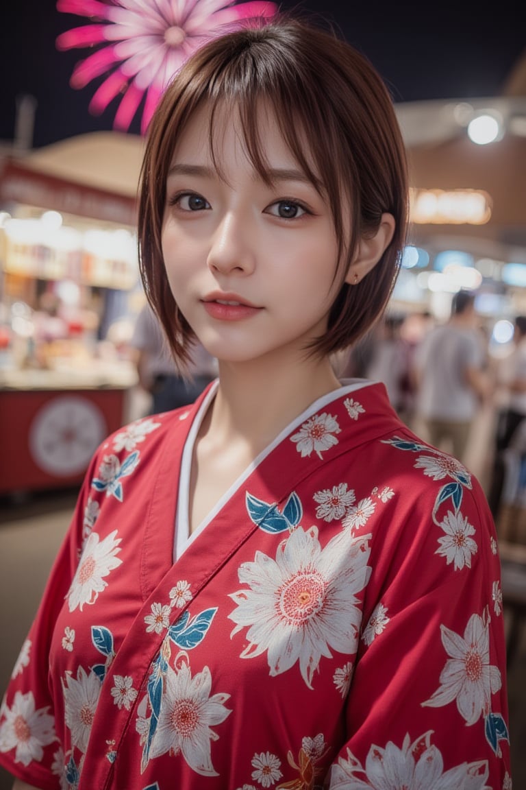 Photorealistic image of a woman in a colorful yukata enjoying a summer festival, night stalls around her, vibrant fireworks lighting up the sky, joyful expression, festive atmosphere, warm lighting, detailed textures, Canon EOS R5, lively colors, commercial appeal., mikas,
,
, mikas