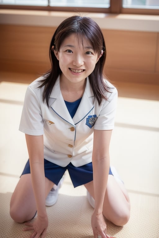 shiho , best quality, 4K, woman, gym uniform, looking at viewer, kneeling, smiling, in the school, photorealistic, raw photo, full body shot, midday