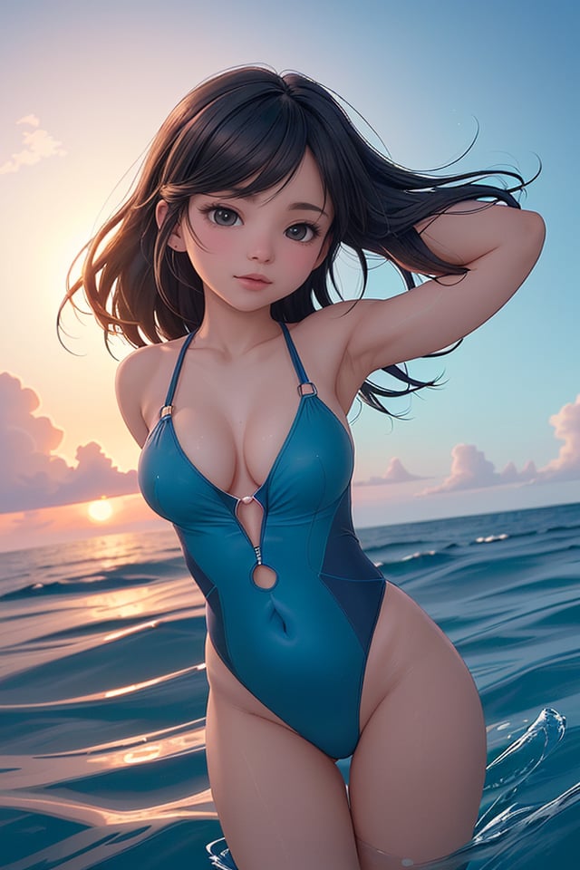 "A carefree woman in a stylish one-piece swimsuit leaps through the air, her silhouette framed by a dramatic sunset over the ocean. The vibrant colors of the sky blend seamlessly with the deep blue of the water, creating a mesmerizing backdrop for her joyful expression.", [:"Neutral facade, with lips comfortably parted. Eyes softly squinted, hinting at a concealed sensuality. Cheeks subtly colored.":0.3], Visually appealing composition, vibrant colors, soft lighting, interesting textures, unique perspective, sense of depth, balanced negative space.,mikas