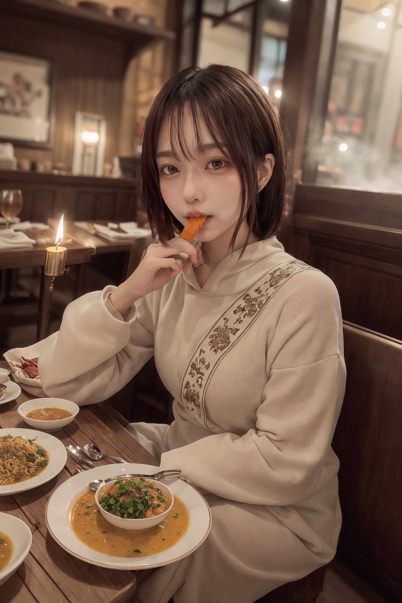 A warm and inviting interior shot of a cozy Indian restaurant, with the aroma of spices wafting through the air. A woman, dressed in casual yet elegant attire, sits comfortably on a plush cushion, her hands cradling a steaming plate of vibrant orange curry. The soft glow of table lamps and candles illuminates her contented expression as she savors each bite, surrounded by the rich textures and colors of Indian fabrics and decor.
mikas