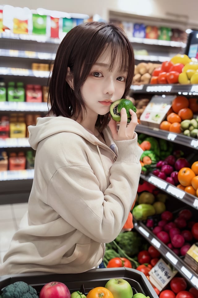 mikas, A medium-shot of a woman standing in front of a grocery store produce section, framed by rows of colorful fruits and vegetables. Soft natural light spills through the windows, highlighting the subtle details on her face as she carefully inspects each vegetable, her hands cradling the selection with gentle precision. The store's background is blurred, focusing attention on her thoughtful pose.