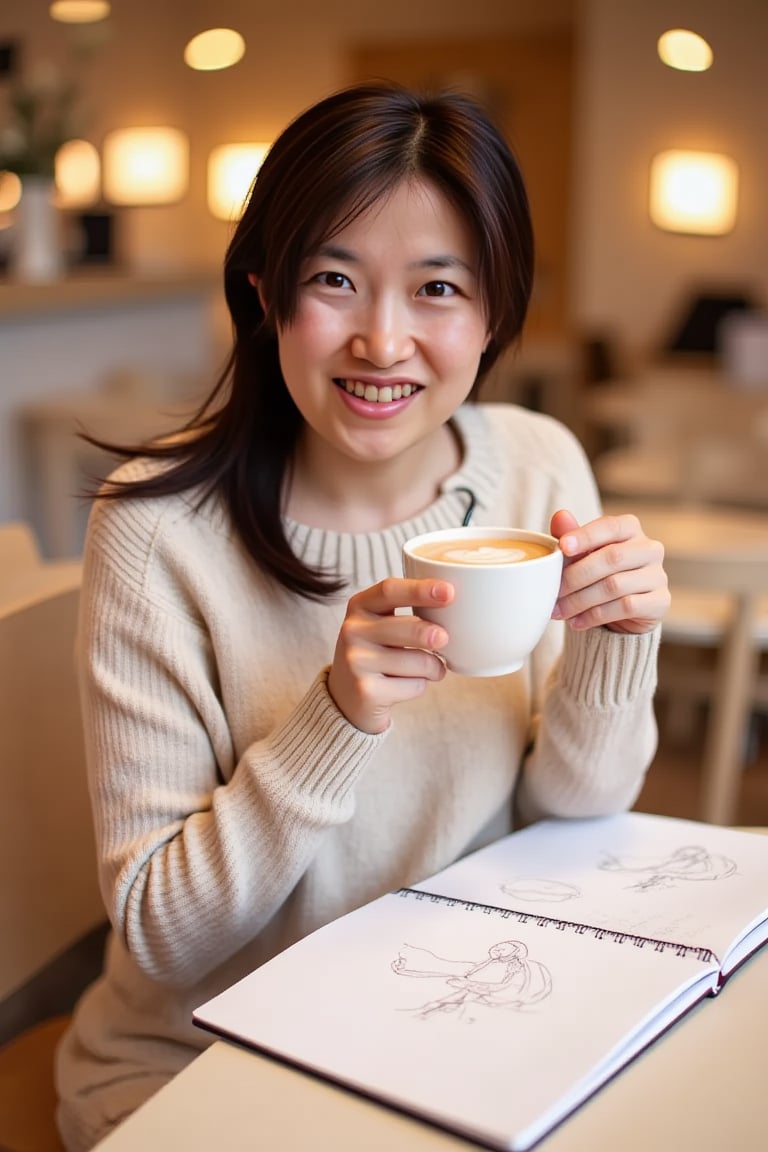 "A young woman sitting at a cozy cafe table, wearing a light sweater and sipping a latte. She has a sketchbook open, doodling casually while smiling. The background shows the soft interior of the cafe, with warm lighting and a relaxed vibe. She looks focused but content, enjoying her creative moment.", shiho,