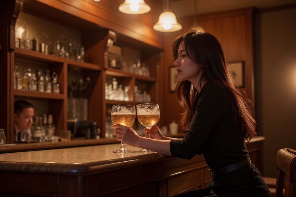 Photorealistic image of a woman enjoying a drink at a classic bar counter, warm ambient lighting, elegant outfit, vintage decor, rich wood textures, soft shadows, Canon EOS R5, relaxed expression, cozy atmosphere, detailed textures, commercial appeal.,shiho