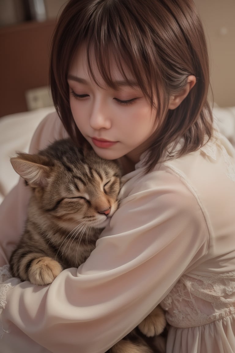 Mikas' serene slumber: A gentle woman dons a flowing nightgown, softly cradling her beloved feline companion as she drifts off to sleep. The tender hug between mistress and cat is captured in warm, golden lighting, with a subtle focus on the delicate details of their intertwined limbs.
