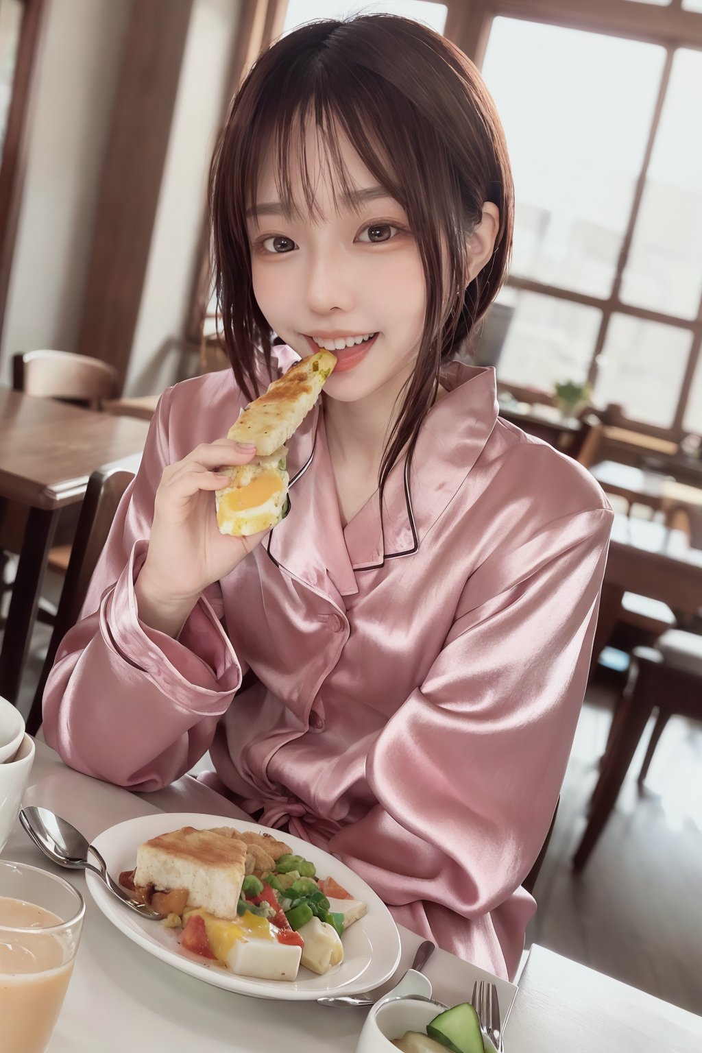 A young Japanese woman wearing silk pajamas is eating breakfast in a bright dining room bathed in the morning sun. Her face lights up as she turns towards me with a smile and greets me in the morning.
mikas