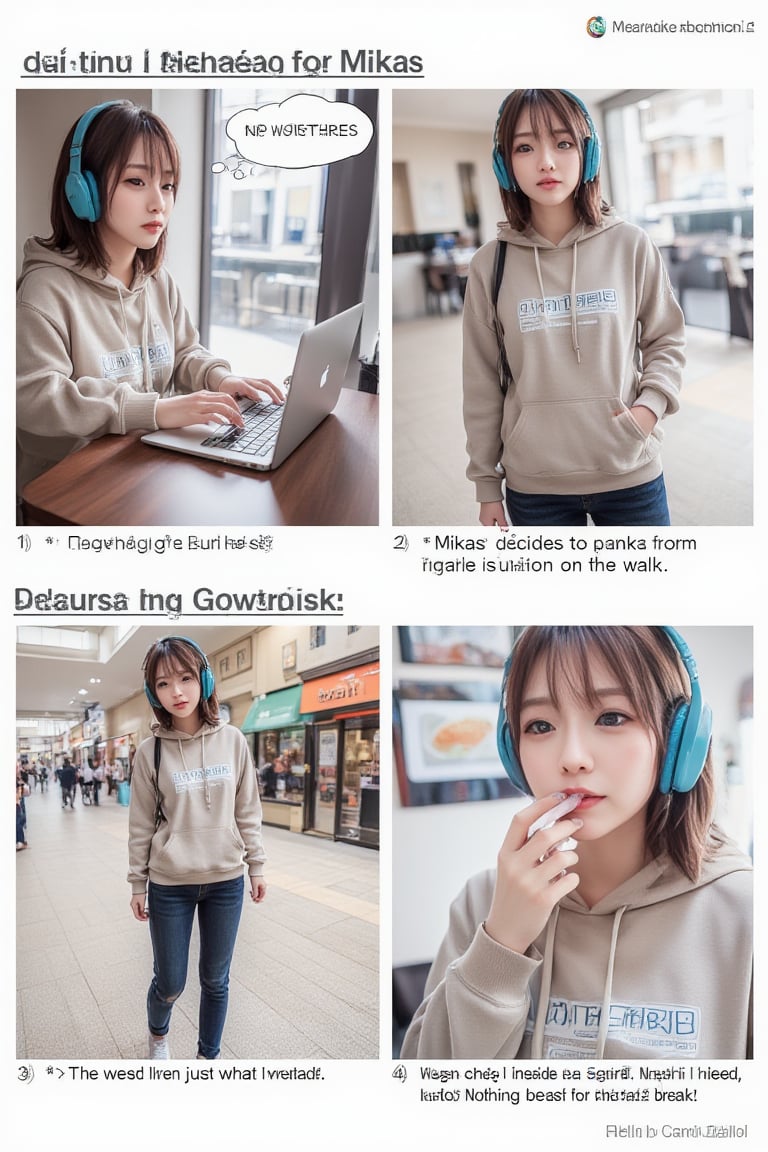 Here’s a 4-panel comic prompt featuring Mikas as the protagonist:

Panel 1: Mikas is sitting at her desk in a casual outfit, with a laptop open. She looks focused, but there’s a hint of boredom. She sighs deeply, saying, “I really need a break.”

Panel 2: Mikas decides to go for a walk. She steps outside wearing her favorite hoodie and blue headphones. As she starts walking, she puts on some music, her expression relaxing as she begins to enjoy the rhythm.

Panel 3: As Mikas walks down a street lined with colorful shops, she spots a sushi restaurant. Her eyes light up as she exclaims, “Perfect! Sushi is just what I need!”

Panel 4: Mikas is now inside the sushi restaurant, happily enjoying a piece of nigiri sushi. She’s smiling with satisfaction, thinking, “Nothing beats sushi for a perfect break!”

This setup shows Mikas going from a mundane work moment to finding joy in something simple like sushi, highlighting her casual and relatable personality.
