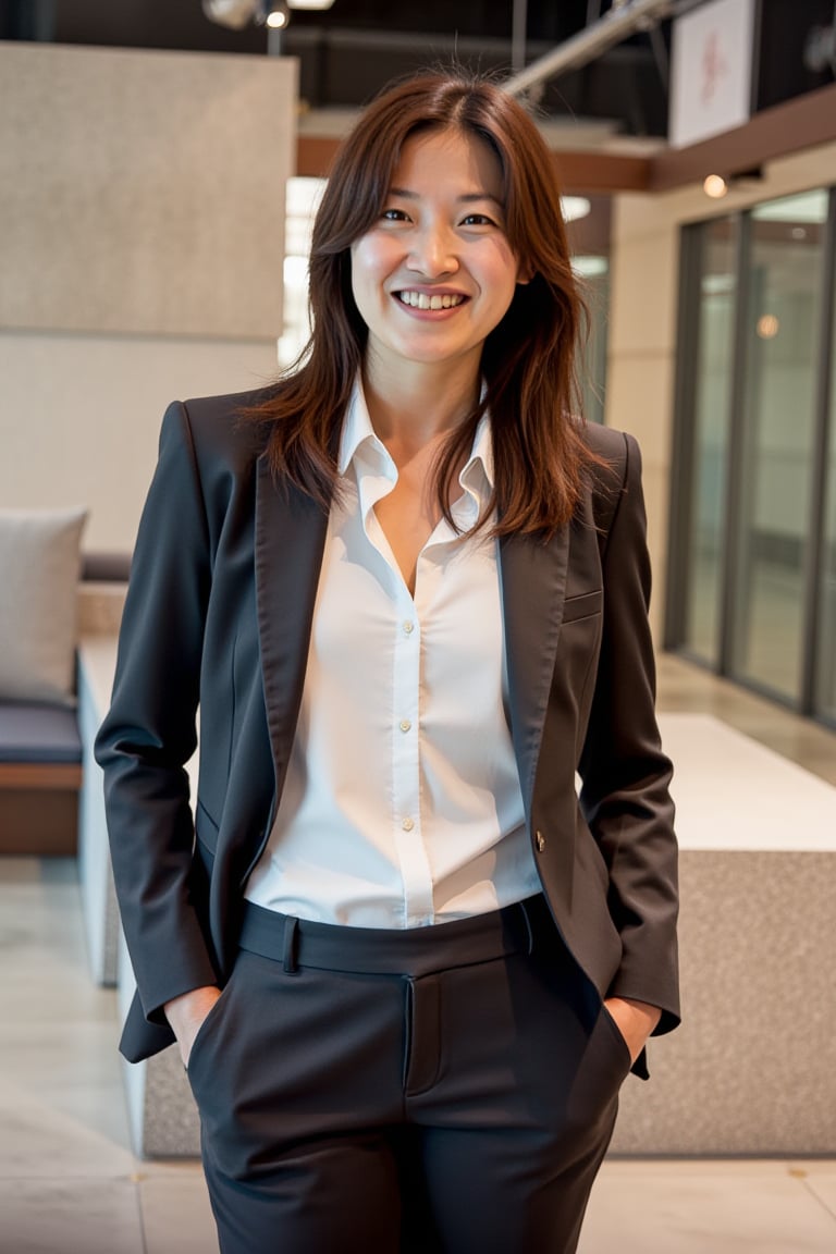 A stunning woman stands confidently in a modern office setting, her slender figure clad in a tailored business suit, its crisp white shirt and dark trousers accentuating her curves. Soft overhead lighting casts a warm glow on her smooth features, highlighting her bright smile as she gazes directly at the camera.,shiho