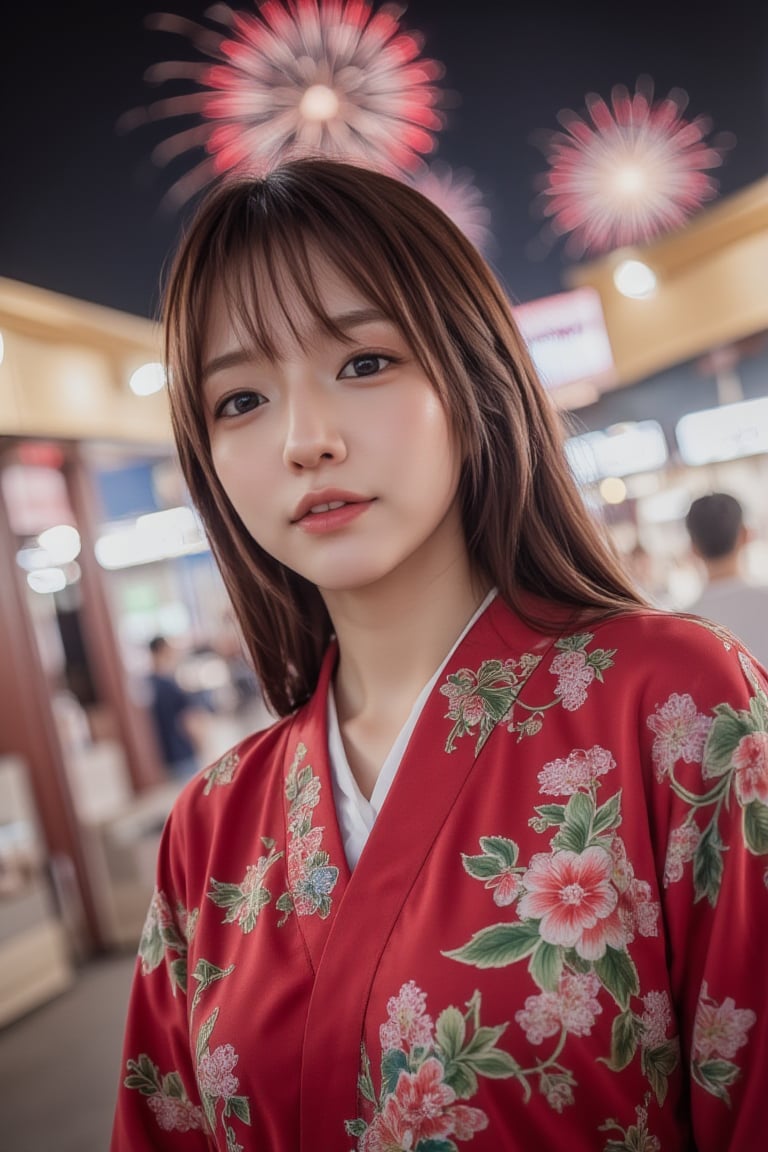 Photorealistic image of a woman in a colorful yukata enjoying a summer festival, night stalls around her, vibrant fireworks lighting up the sky, joyful expression, festive atmosphere, warm lighting, detailed textures, Canon EOS R5, lively colors, commercial appeal., mikas,
,
, mikas