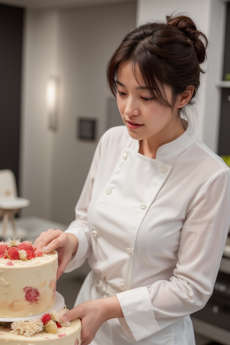 Photorealistic image of a female pastry chef crafting a beautiful cake, professional kitchen, natural lighting, detailed decorations, elegant uniform, vibrant colors, focused expression, Canon EOS R5, precise details, high-end pastry, commercial appeal.　,shiho