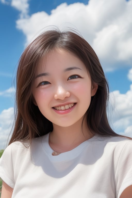 (1girl:1.2), (big smile), beautiful face, Amazing face and eyes, long silky brown hair, wearing white t shirt, delicate, (Best Quality:1.4), (Ultra-detailed), (extremely detailed beautiful face), cute smile, brown eyes, (highly detailed Beautiful face), (summer high school uniform:1.2), (extremely detailed CG unified 8k wallpaper), Highly detailed, High-definition raw color photos, Professional Photography, Realistic portrait, Extremely high resolution, smiling, (Clouds all over the sky, cloudy sky, lots of clouds:1.5), (cloudy day:1.5), half figure,shiho