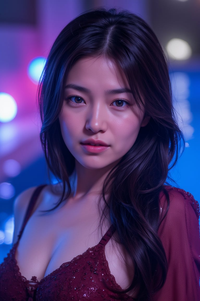 Hyperrealistic portrait of a glamorous Japanese woman at a night pool party, (8k resolution:1.2), (photorealistic:1.3), (ultra-detailed:1.2), striking facial features, glowing and smooth skin, vibrant makeup with bold colors, long sleek black hair styled elegantly, wearing a chic party outfit with shimmering details, surrounded by neon lights reflecting off the water, illuminated by colorful spotlights, night-time setting, cool blue and purple tones, shot on a high-end camera like Canon EOS R5 with a 50mm f/1.2 lens, fashion editorial style, dynamic composition, perfect lighting balance, water reflections, party atmosphere, retouched to magazine quality, high-end production, vibrant neon aesthetics, captivating and confident expression.

This prompt captures the lively, high-energy atmosphere of a night pool party with neon lighting, ideal for fashion or event promotions.,shiho