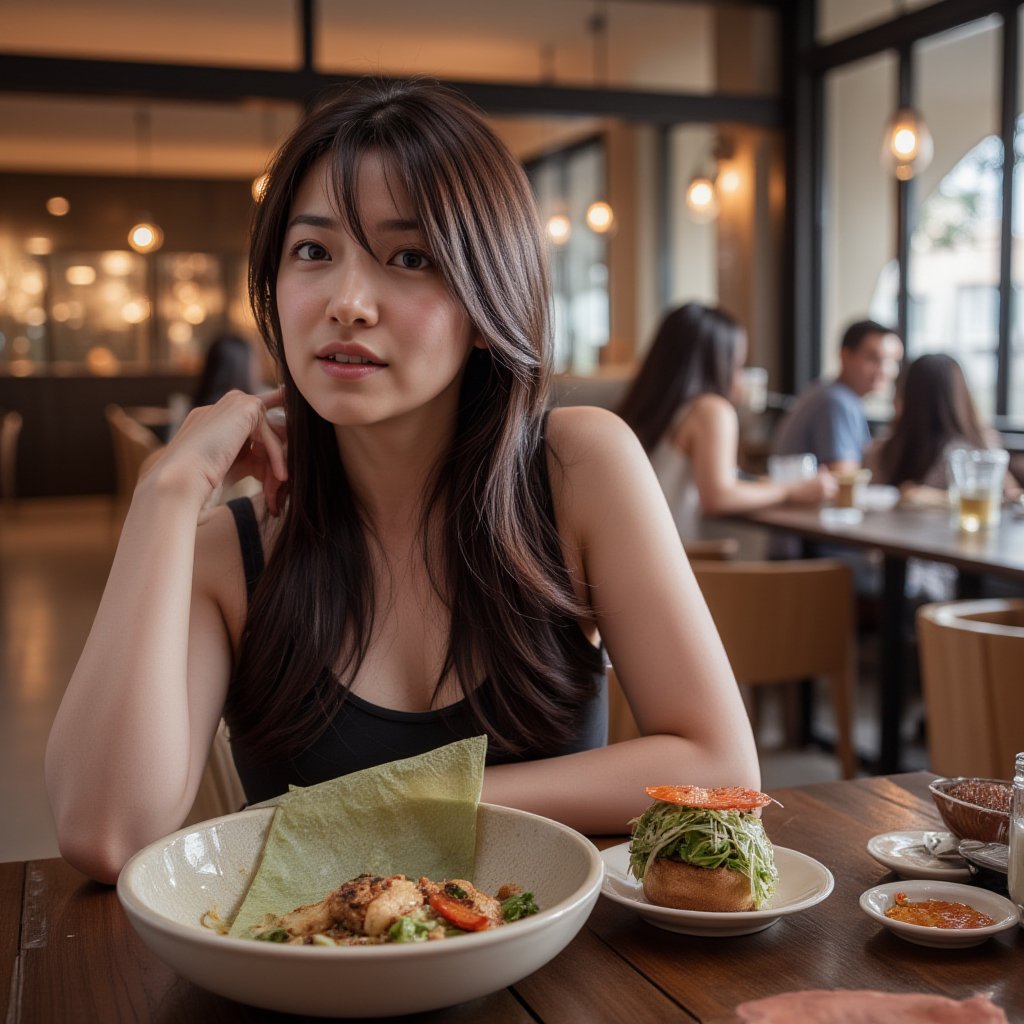 Photorealistic image of a woman dining at a modern, casual designer restaurant, stylish interior, natural lighting, chic outfit, vibrant dishes, relaxed atmosphere, Canon EOS R5, detailed textures, contemporary decor, warm tones, commercial appeal.,shiho