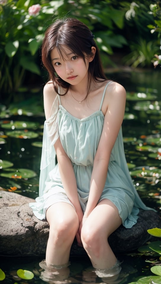 a girl sitting on a rock in the water, fantasy art, beautiful pink little alien girl, soft light misty girl chinon shiho, shy, looking at viewer, reflecting flower, her hands are red roots, magali villeneuve and monet, detailed art in color, little girl, sitting at a pond, timid,1 girl, masterpiece,best quality 