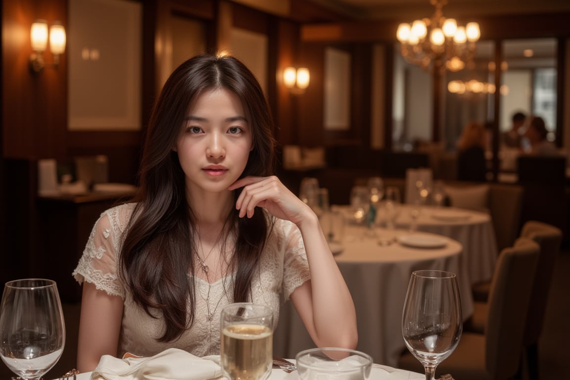 Photorealistic image of a woman dining at a luxurious French restaurant, elegant attire, soft ambient lighting, fine dining setup, detailed tableware, refined decor, Canon EOS R5, relaxed expression, warm tones, high-end atmosphere, commercial appeal.,shiho