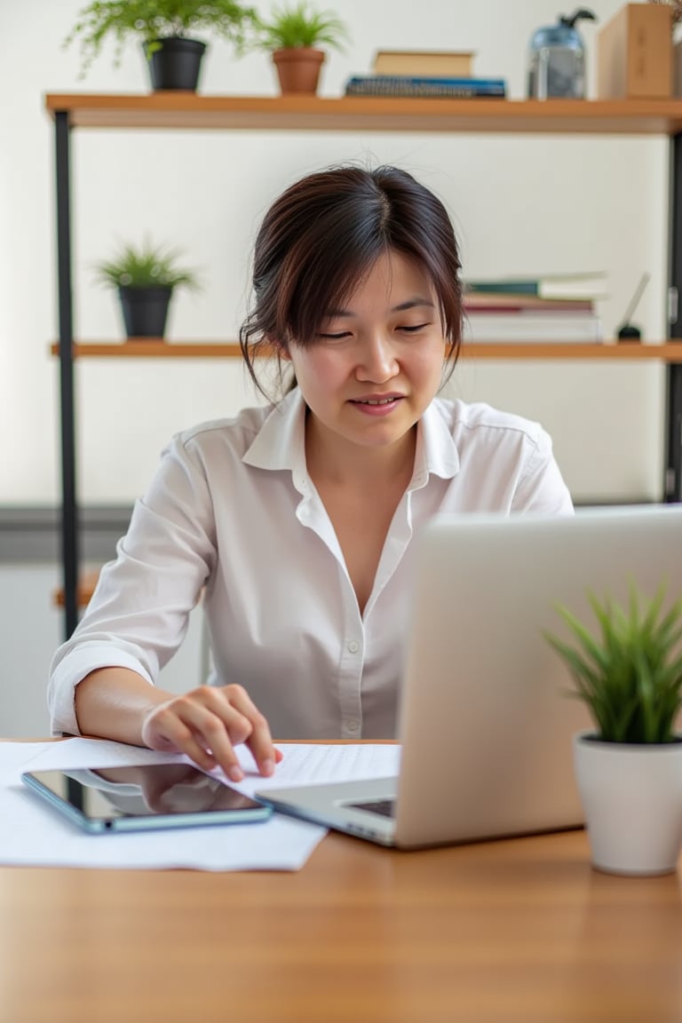 "A 27-year-old woman sitting at her home office desk. She is working on her Mac with a tablet, focused and smiling gently. Behind her are shelves with books and small plants. The room is bright with sunlight filtering through the window, creating a calm and productive atmosphere.", shiho,