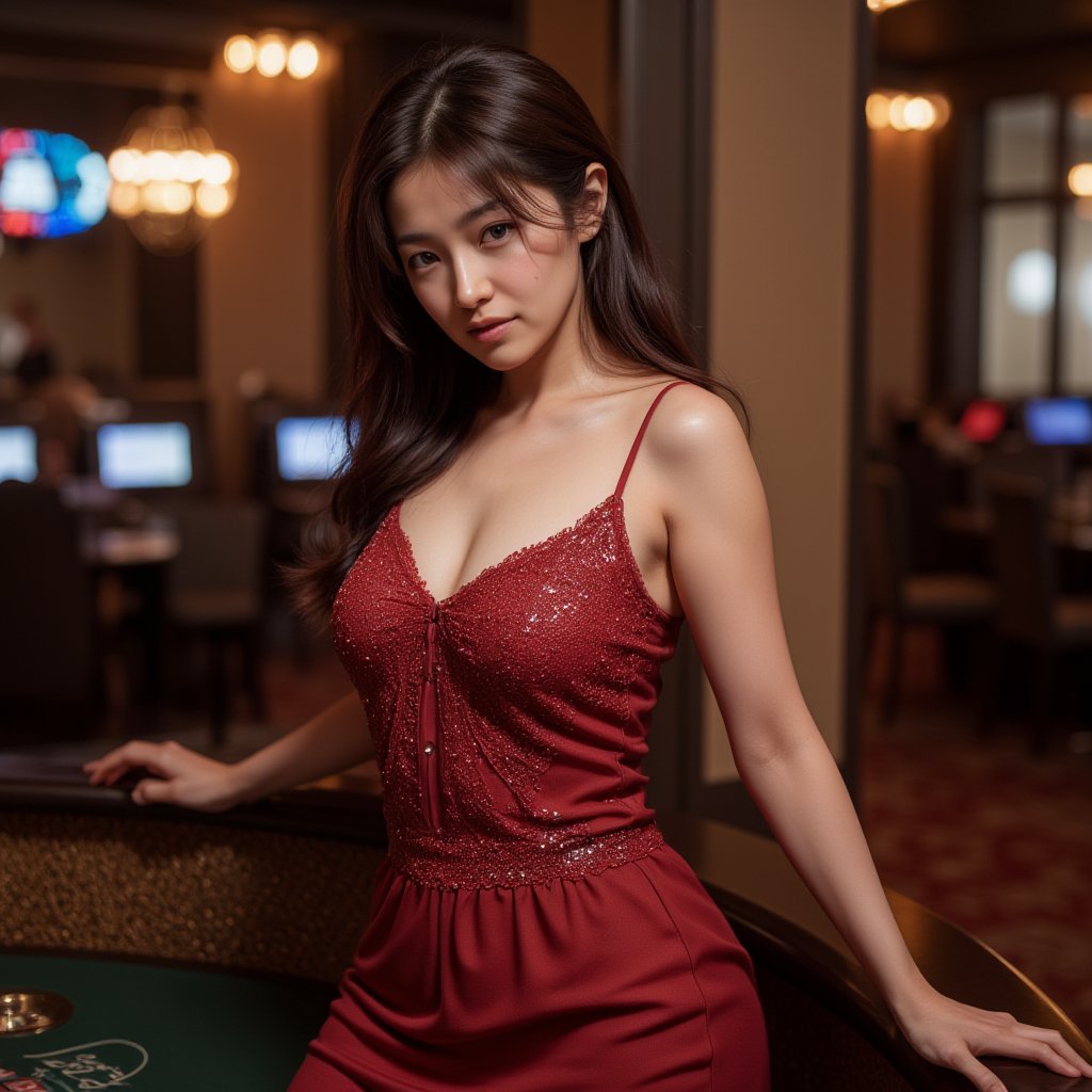 Photorealistic portrait of a glamorous Japanese woman in an elegant dress at a casino, standing by a roulette table, soft dramatic lighting, luxurious atmosphere, Canon EOS R5, high-end fashion, confident expression, rich colors, detailed textures, commercial appeal.,shiho