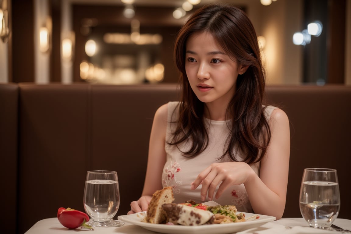 Photorealistic image of a woman dining at a luxurious French restaurant, elegant attire, soft ambient lighting, fine dining setup, detailed tableware, refined decor, Canon EOS R5, relaxed expression, warm tones, high-end atmosphere, commercial appeal.,shiho