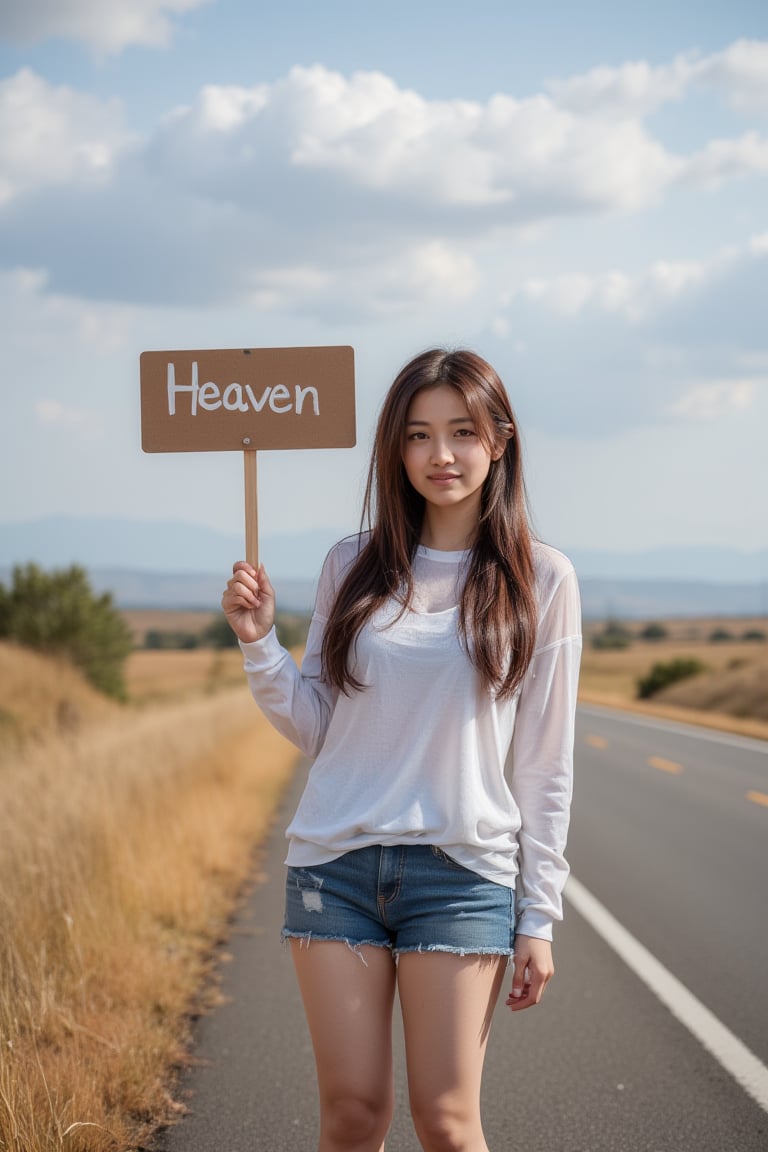 Photorealistic image of a female hitchhiker standing by the road, holding a sign reading "Heaven," casual outfit, natural lighting, wide-open road, warm tones, serene expression, Canon EOS R5, detailed textures, expansive sky, journey theme, commercial appeal.,shiho