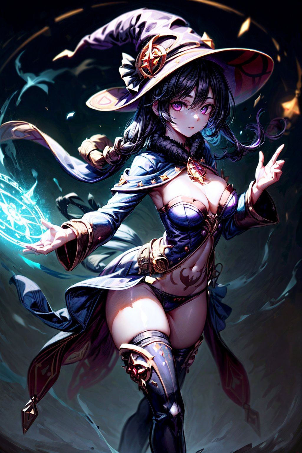 (((Standing in the middle of a magic circle lights around floating hair flying, invoking magic))), moonlight, (((long black-hair))), ((light purple eyes)), ((1 sexy girl)), large breasts, best quality, extremely detailed, HD, 8k, 1girl, background forest darkness with lights, mona_(genshin_impact), background high detailed, mona_(genshin_impact), with magic hat, witches_hat, hair highest detailed, flower and lefts around, loose hair, eyes detailed, eyes highest detailed, eyes perfect, face with detailed, face beautiful ,glitter,more detail, full_body, body complete , hands detailed, panty_hose dark with details golden