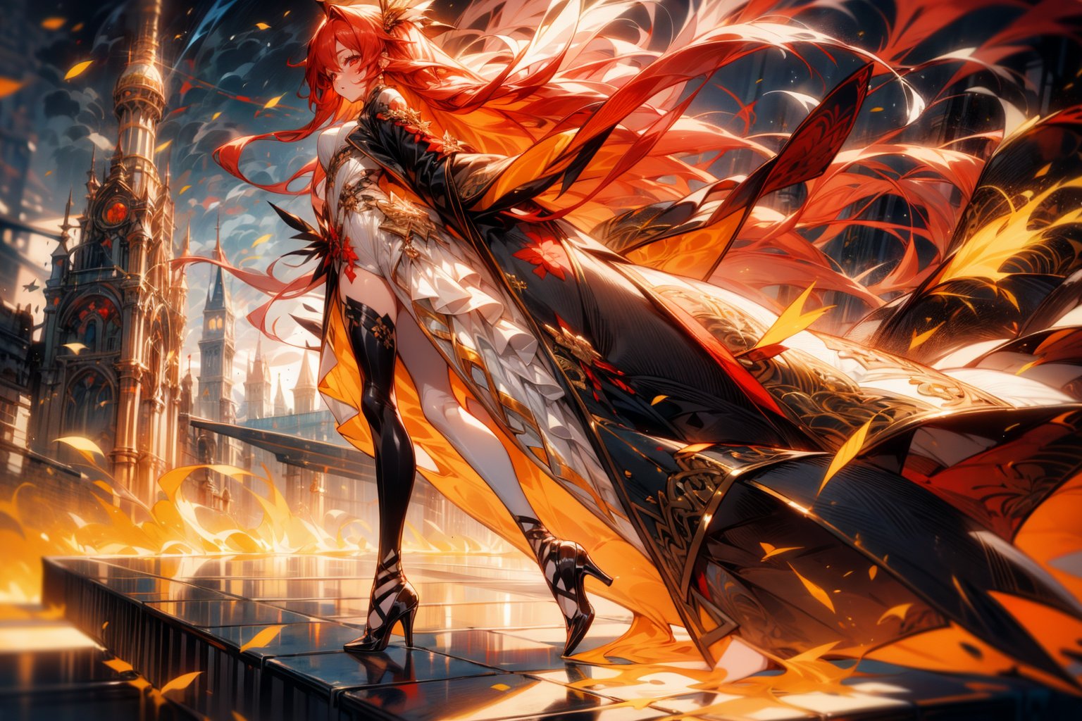 sweet girl, white clothes, red hair, red eyes, suite black, sexy suite, perfect body, full body, long_hair, background high details, background city in ruins, fire particuls, atmosphere magic, socks red,1 girl