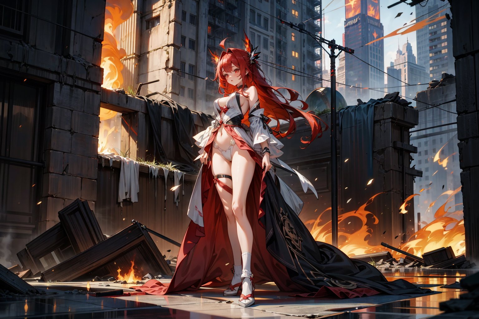 sweet girl, white clothes, red hair, red eyes, suite black, sexy suite, perfect body, full body, long_hair, background high details, background city in ruins, fire particuls, atmosphere magic, socks red