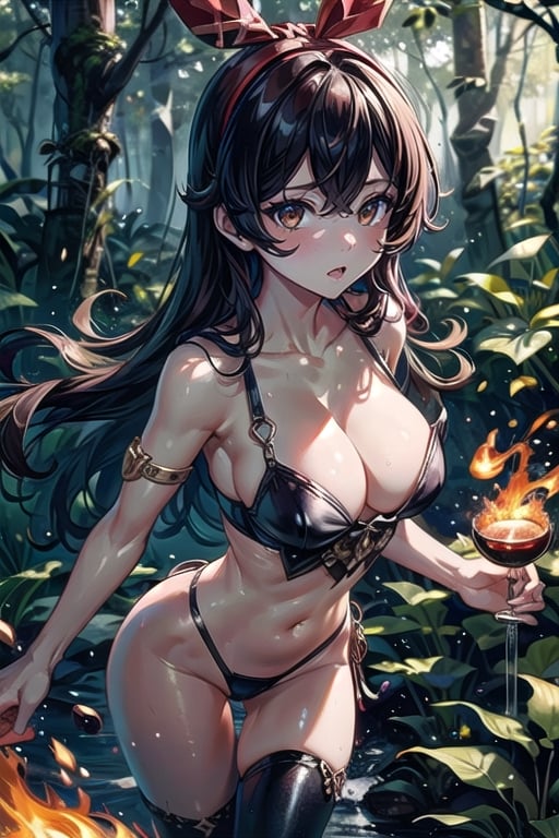 Masterpiece, 1girl, background forest, perfect body, with fame in one hand, particle of fire around, high details, sexy girl