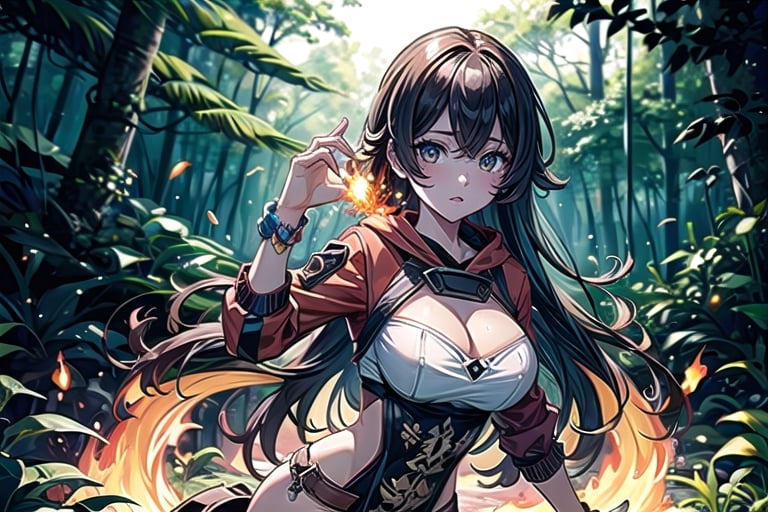 Masterpiece, 1girl, background forest, perfect body, with fame in one hand, particle of fire around, high details, sexy girl