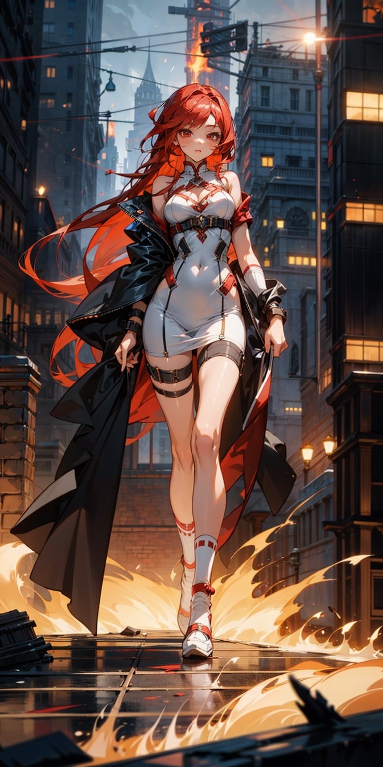 sweet girl, white clothes, red hair, red eyes, suite black, sexy suite, perfect body, full body, long_hair, background high details, background city in ruins, fire particuls, atmosphere magic, socks red