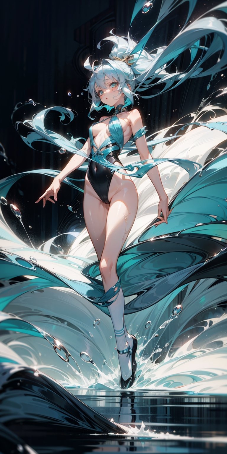 sweet girl, white clothes, blue hair, golden eyes, suite black, sexy suite, perfect body, full body, long_hair, background high details, background tsunami, water particuls, atmosphere magic, naked_socks 