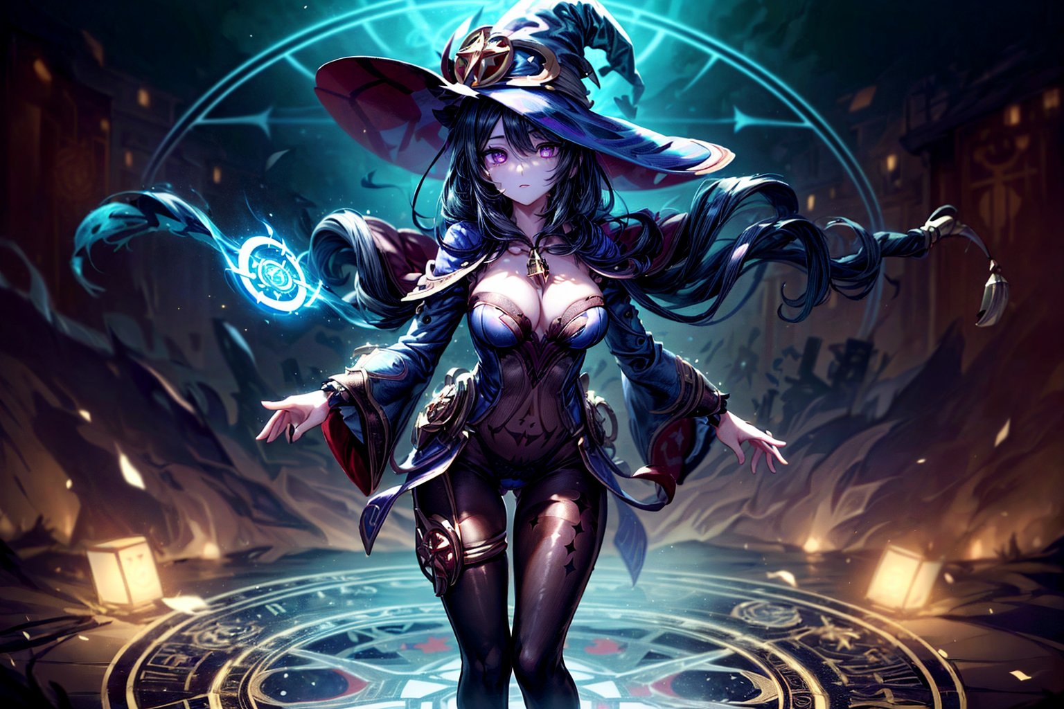 (((Standing in the middle of a magic circle lights around floating hair flying, invoking magic))), moonlight, (((long black-hair))), ((light purple eyes)), ((1 sexy girl)), large breasts, best quality, extremely detailed, HD, 8k, 1girl, background forest darkness with lights, mona_(genshin_impact), background high detailed, mona_(genshin_impact), with magic hat, witches_hat, hair highest detailed, flower and lefts around, loose hair, eyes detailed, eyes highest detailed, eyes perfect, face with detailed, face beautiful ,glitter,more detail, full_body, body complete , hands detailed, panty_hose dark with details golden, joint plan