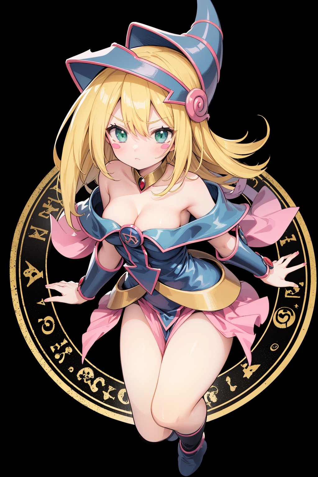 masterpiece, best qualty, frown, simple black background, magic circle, hmdmg1, wizard hat, blush, blush stickers, cleavage, bare shoulders, dress, off shoulder, from above, dark magician girl, with socks white, perfect body