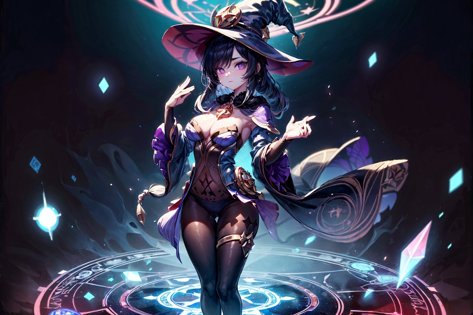 (((Standing in the middle of a magic circle lights around floating hair flying, invoking magic))), moonlight, (((long black-hair))), ((light purple eyes)), ((1 sexy girl)), large breasts, best quality, extremely detailed, HD, 8k, 1girl, background forest darkness with lights, mona_(genshin_impact), background high detailed, mona_(genshin_impact), with magic hat, witches_hat, hair highest detailed, flower and lefts around, loose hair, eyes detailed, eyes highest detailed, eyes perfect, face with detailed, face beautiful ,glitter,more detail, full_body, body complete , hands detailed, panty_hose dark with details golden
