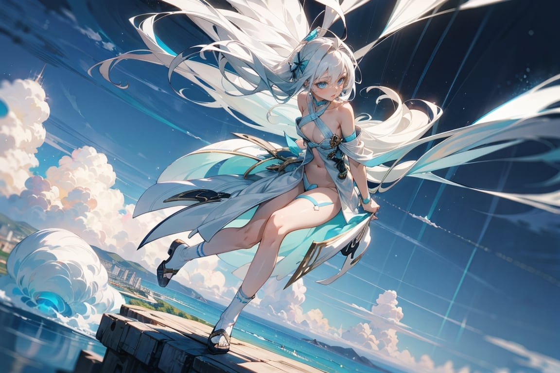 sweet girl, white clothes, white hair, blue eyes, suite cyan, sexy suite, perfect body, full body, angle on front, dynamic position, long_hair, background high details, background sky,  cloud particuls, atmosphere magic, naked_socks