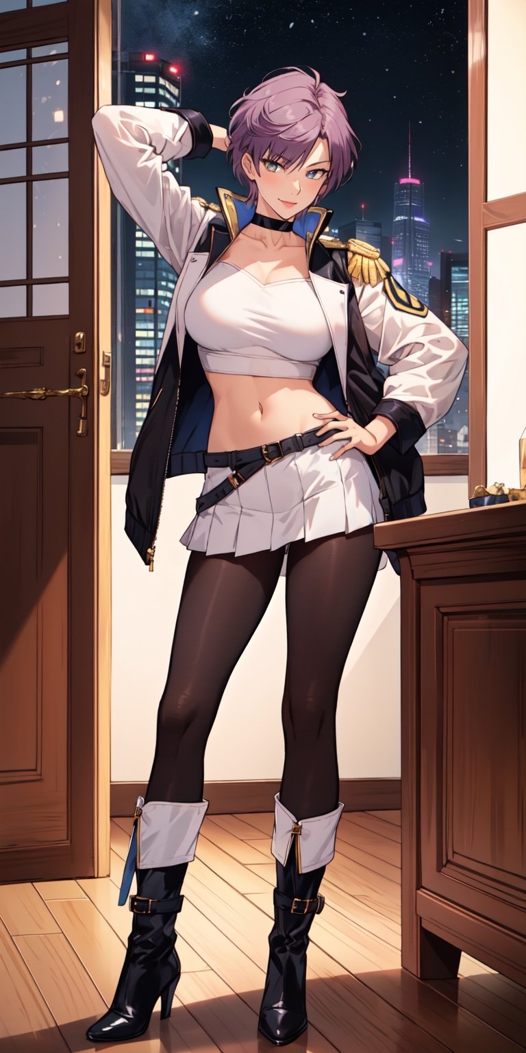 (masterpiece, best quality), intricate details, thin, ((slim)),1woman,solo female, white skin,full body shot
,haruka,Marie Mamiya, sharp jawline,Gorgeous cropped military jacket, (opened jacket),white Cropped Shirt,collar,Exquisite details,Exquisitely designed clothing, badges, (opened jacket),(bare belly),pleated_miniskirt,(black patyhose:1.3),(military-boots),silver choker,
 (full lips),smile,(short hair),purple hair,fashion hairstyle,(long bangs:1.4),maroon eyes,large_breast,mature_female,tall female,(Bangs cover half of face),luxury office,dim lights,late night,
standing,front view