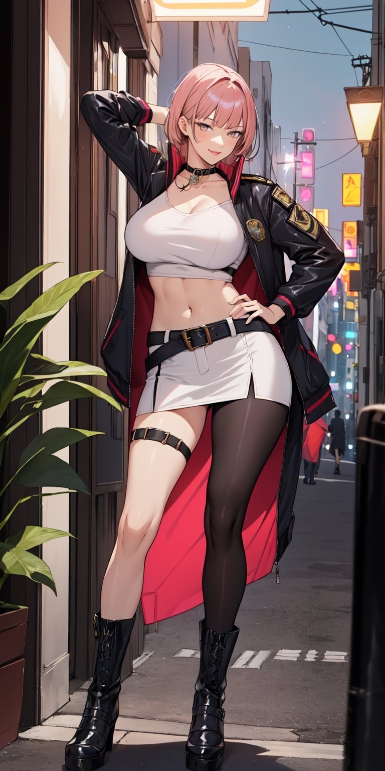 (masterpiece, best quality), intricate details, thin, ((slim)),1woman,tall woman,solo female, white skin,full body shot,luxury office,(very weak lights),(late night:1.5),standing,front view,
,Marie Mamiya, sharp jawline,Gorgeous cropped military jacket, (opened jacket),white Cropped Shirt,collar,Exquisite details,Exquisitely designed clothing, badges, (opened jacket),(bare belly),pleated_miniskirt,(black_patyhose:1.5),(military-boots),silver choker,
 (full lips),smile,(middle_long_hair:1.1),(pink hair),(long bangs:1.4),maroon eyes,large_breast,mature_female,tall female,(Bangs cover half of face),mature female