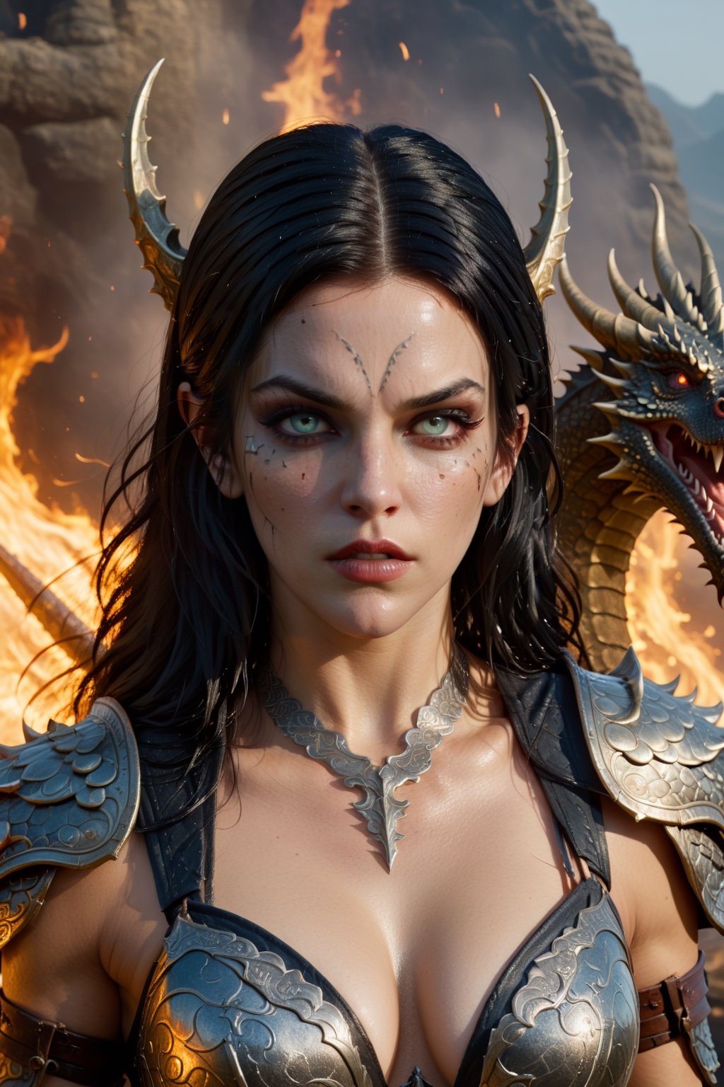 Female warriors and dragons, dark fantasy world, horror, alchemy, desire, NSFW. (hood, black hair tattoos), athletic muscular body, Kane armor, (wet skin, long wavy blond hair, lips, eyes), dynamic poses, magical, brave standing in a fighting stance, Toussaint Malkovich's Art, Highly Detailed Magic, Highly Detailed Faces, More Detail XL, FilmGirl,