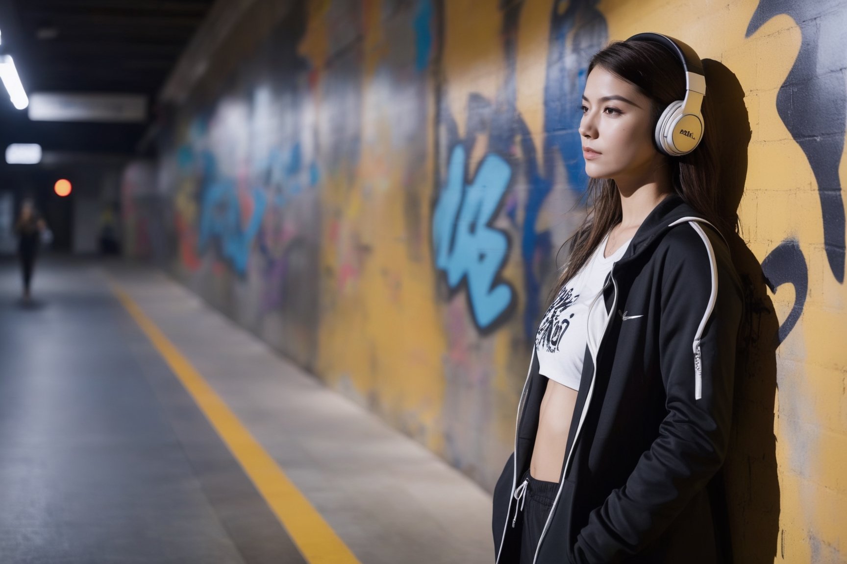 Subway station with graffiti on the wall, a girl stands there listening to music with headphones, dim lighting, real light and shadow, real style, dynamic shooting angle, sports coat, sports bra, dynamic pose,