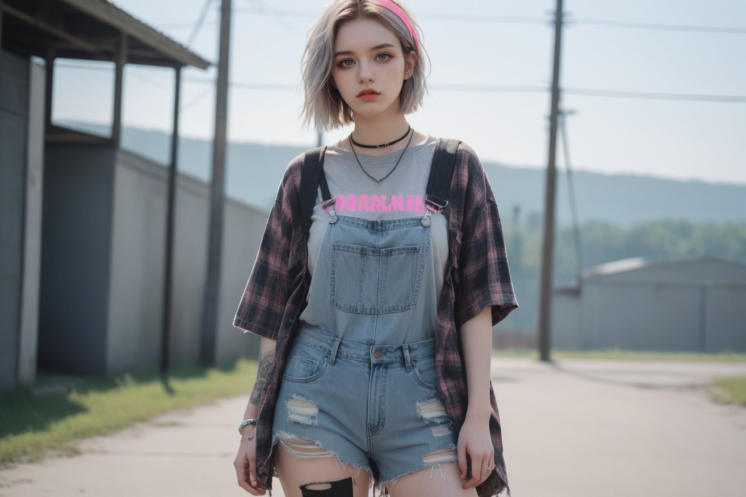 Girl portrait, Pajaritito490 style. Line and ink color drawing, 1girl, solo, grunge fashion, distressed jeans, oversized ripped flannel shirt layered over graphic band t-shirt, overalls, worn sneakers with neon accessories, gray eyes, pale skin, looking at viewer ,