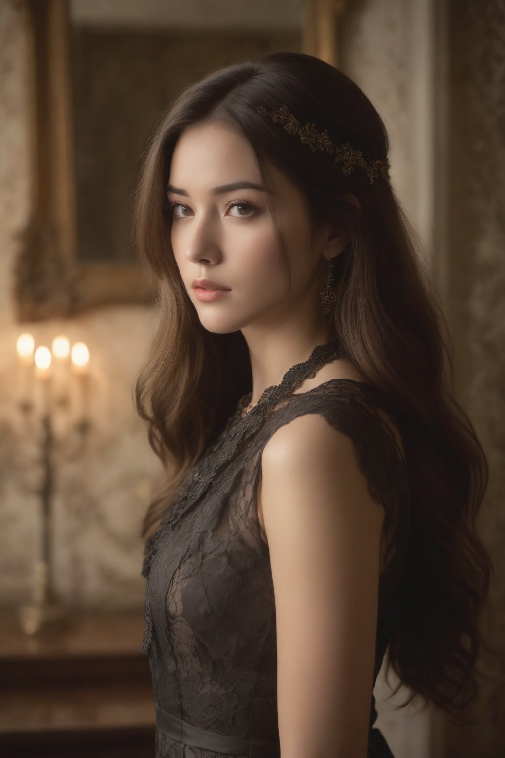 A poignant portrait: a beautiful female model with long hair cascading down her back, charming eyes dimmed by a hint of sorrow. Her upper body fills the frame, skin radiant in the soft, golden light. Faded wallpaper and an antique mirror create a vintage ambiance in the dimly lit room. She wears a flowing, dark dress adorned with lace, its intricacies accentuating the melancholy mood.